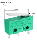 Pack Of 10 KW4-3Z-3 Micro Limit Switch SPDT NO NC Momentary Lever 3 Terminals 5A 250VAC IP40, green, with dimensions 20mm x 7mm.