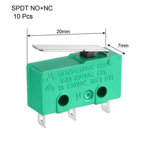Pack Of 10 KW4-3Z-3 Micro Limit Switch SPDT NO NC Momentary Lever 3 Terminals 5A 250VAC IP40, green, with dimensions 20mm x 7mm.