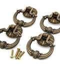 Set Of 4 Vintage Antique Brass Ring Pull Handles For Drawers Cabinets Dressers And Wardrobes Large Size With Disk Base Pumpkin Style And Engraved Ring Featuring Dragon Head Motifs Zinc Alloy Construction Distressed Finish with screws