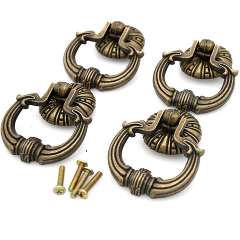 Set Of 4 Vintage Antique Brass Ring Pull Handles For Drawers Cabinets Dressers And Wardrobes Large Size With Disk Base Pumpkin Style And Engraved Ring Featuring Dragon Head Motifs Zinc Alloy Construction Distressed Finish with screws