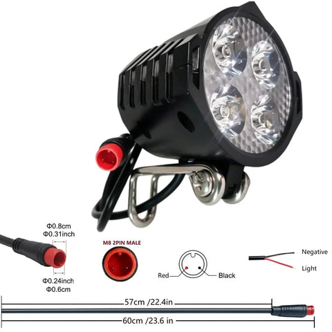 Bright 4 LED Ebike Front Headlight For 24V 60V E Bikes And E Scooters Waterproof 2 Pin Male Connector 360 Degree Beam Night Rider Ready Bike Lamp For Safe Commute