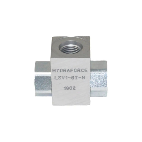 Front view of LSV1-6T-N 3 Port Hydraulic Shuttle Valve Ball Type with 6 ORB Ports, beefy 3500 PSI max for heavy equipment.