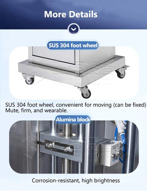 Close-up of SUS 304 foot wheel and alumina block on Top Shelf Heavy Duty Pneumatic Paste Filling Machine for smooth mobility.