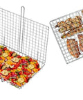 Portable Stainless Steel BBQ Grill Basket With Folding Handle for camping, shown with grilled vegetables and meat skewers.