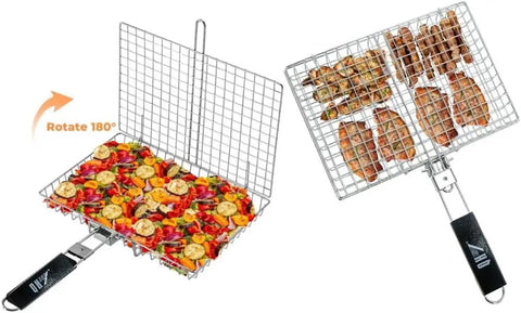 Portable Stainless Steel BBQ Grill Basket With Folding Handle for camping, shown with grilled vegetables and meat skewers.