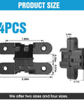 Invisible Cabinet Hinges 180 Degree Concealed Cross Hinges In Black Zinc Alloy 4 Pack shown with dimensions and side view.