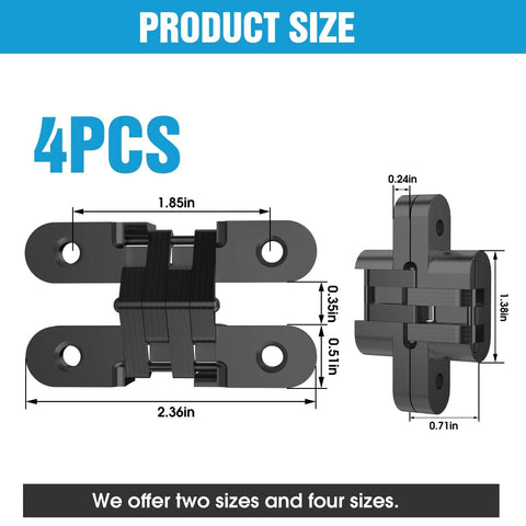 Invisible Cabinet Hinges 180 Degree Concealed Cross Hinges In Black Zinc Alloy 4 Pack shown with dimensions and side view.