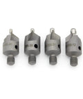 Four Piece 100 Degree Countersink Bit Set For Aluminum And Soft Metals With 1/2 Inch Cutter Diameter And 1/4-28 Thread Includes Bit Sizes 12 21 30 40 Three Fluted High Speed Steel Sweet For Chamfering Holes And Clean Flush Finishes.