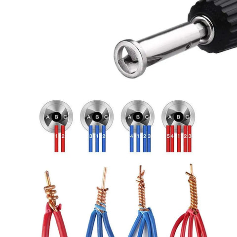 Heavy Duty Wire Twisting Tool Set For Power Drill And Impact Driver showing close-up of connector tips and twisted wires.