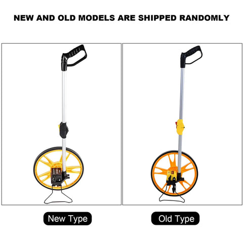 Badafaci Rolling Measuring Wheel, Foldable Handle shown in new and old models. Each model has a large yellow wheel and sturdy handle.