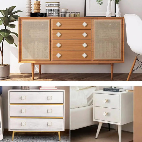 Six Pack Brass Four Leaf Clover Cabinet Knobs Set Gold Finish White Zinc Alloy Single Hole Mount For Cabinets Drawers Dressers Furniture Kitchen Wardrobe Bathroom Decorative Door Pulls on wood and white cabinets