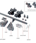 Retractable Library Ladder Track Kit components with rail, pulleys, screws, and wrench for attic and storage rooms installation.