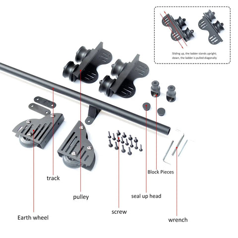 Retractable Library Ladder Track Kit components with rail, pulleys, screws, and wrench for attic and storage rooms installation.