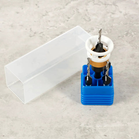 Six Piece Alloy Countersink Drill Bit Set With Depth Stop, Spiral Edge Countersink Wood Drill Bits shown in holder