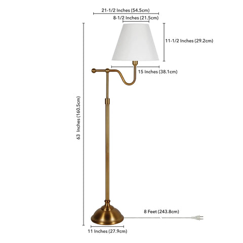 63 Inch Tall Floor Lamp With Fabric Empire Shade In Blackened Bronze And White, 8 Foot Cord, Rotary Switch, E26 Base, Compatible With Incandescent LED CFL Bulbs, with measurements displayed