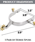 Two Pack Horse Spurs Set In Stainless Steel With Gear Copper Rowels, Cowboy Ready Western Boot Spurs dimensions shown