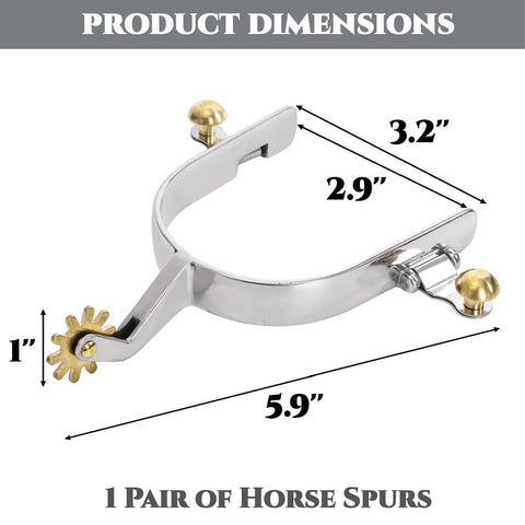 Two Pack Horse Spurs Set In Stainless Steel With Gear Copper Rowels, Cowboy Ready Western Boot Spurs dimensions shown