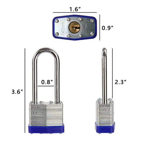 Two Pack Heavy Duty Padlocks Keyed Alike With Extra Long Two And Three Eighths Inch Shackle And Forty Millimeter Laminated Steel Lock