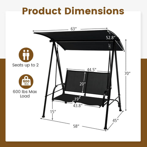 Two Person Outdoor Swing With Adjustable Canopy Cozy Patio Loveseat Swing With Heavy Duty Metal Frame, dimensions shown.