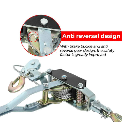 Close-up of the Beefy 4 Ton Heavy Duty Dual Gear Come Along Puller with anti-reversal design and steel cable for heavy loads
