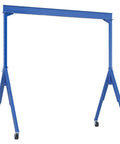 Badass Adjustable Height Steel Gantry Crane Rated To Lift Eight Thousand Pounds Like A Boss On Heavy Duty Caster Wheels Built To Power Through The Daily Industrial Grind Effortlessly, shown in blue with locking casters.