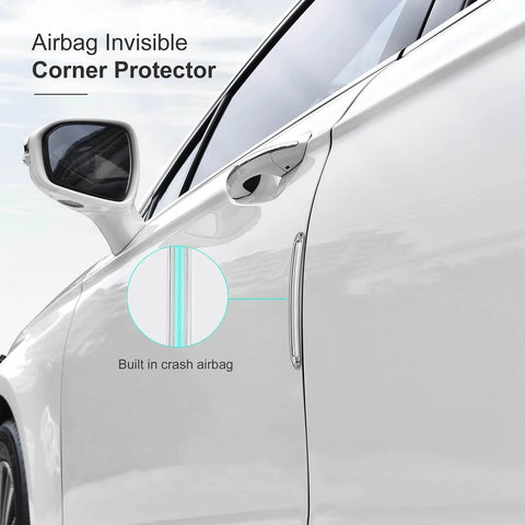 Side view of a white car featuring a clear silicone cabinet door bumper with strong adhesive 3M backing installed on the door.