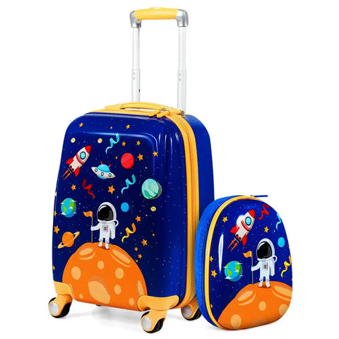 Two Piece Kids Luggage Set With 12 Inch Backpack And 18 Inch Rolling Suitcase In Blue Astronaut Design Lightweight Durable ABS Hardshell