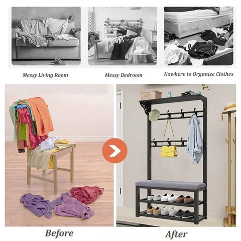 Before and after of a messy room transformed by Industrial Coat Rack Shoe Bench With 8 Hooks Freestanding Garment Hanger And Shelf Hall Tree For Narrow Hallway And Bedroom Cushioned Seat Sturdy Metal Frame Storage For Coats Hats And Handbags