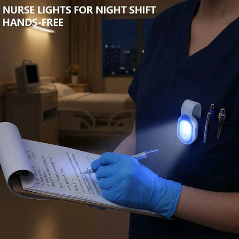 Clip-On LED Nurse Light With Magnetic Clip for Scrubs in use by nurse during night shift, providing hands-free illumination.