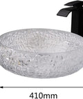 Top Notch Round Glass Vessel Sink Paired With A Sleek Waterfall Faucet Combo Solid Crystal Bathroom Vanity Bowl with dimensions, 410mm wide.
