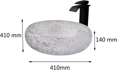 Top Notch Round Glass Vessel Sink Paired With A Sleek Waterfall Faucet Combo Solid Crystal Bathroom Vanity Bowl with dimensions, 410mm wide.
