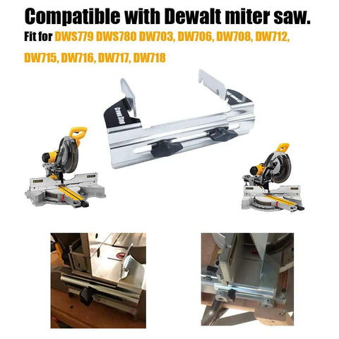 Rock Solid Crown Molding Stop And Dead Simple Workpiece Guide Replacement Accessory For DeWalt Miter Saw, 6.5x4.5 inch steel bracket in use.