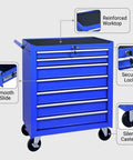 Tough As Nails Blue Steel Seven Drawer Rolling Tool Chest With Dead Secure Lockable Drawers and Slick Heavy Duty Universal Wheels features.