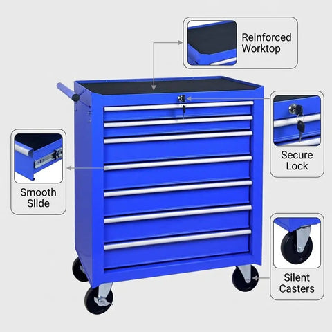 Tough As Nails Blue Steel Seven Drawer Rolling Tool Chest With Dead Secure Lockable Drawers and Slick Heavy Duty Universal Wheels features.