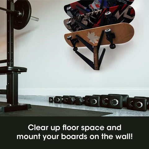 Five Tier Skateboard Wall Mount Rack With Rustic Wood And Black Steel Hooks For Tight Garages displaying mounted longboards.