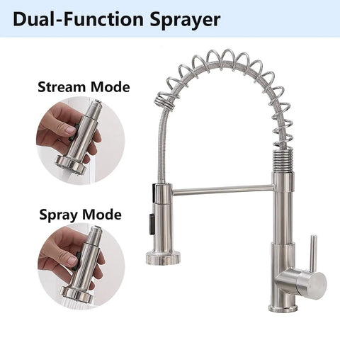 Brushed Nickel Kitchen Faucet With Pull Down Sprayer, Heavy Duty Commercial Style showing stream and spray modes, stainless steel