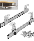 Slick Under Desk Keyboard Tray Pull Out Slide With Height Adjustable Full Extension Ball Bearing Rails showing steel tracks and screws.