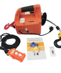 Remotely Controlled Portable Electric Winch Engine Hoist with remote, hooks, and wiring for heavy duty lifting.