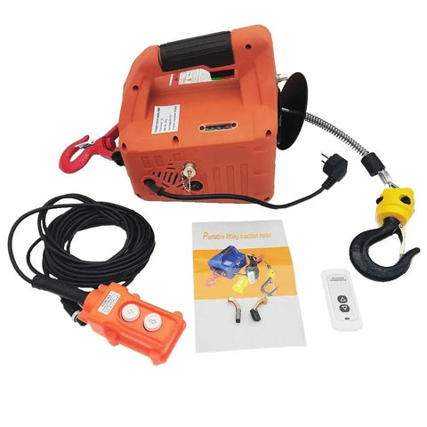 Remotely Controlled Portable Electric Winch Engine Hoist with remote, hooks, and wiring for heavy duty lifting.