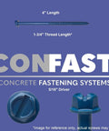 Close-up of One Quarter Inch By Four Inch Hex Head Concrete Screw Anchor with labeled dimensions and CONFAST logo.