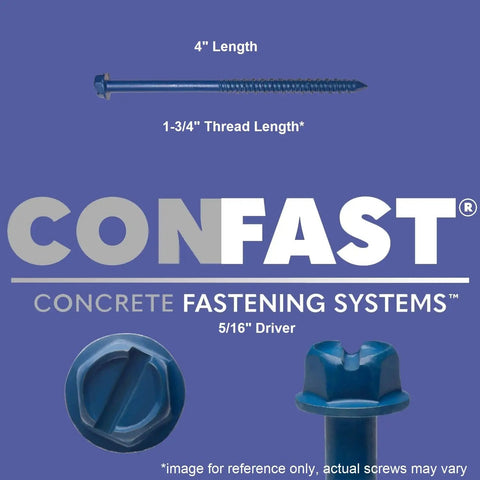Close-up of One Quarter Inch By Four Inch Hex Head Concrete Screw Anchor with labeled dimensions and CONFAST logo.