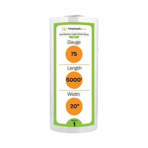Heavy Duty Cast Stretch Wrap And Shrink Film For Pallet Wrapping Machines 19.7 Inch By 5000 Ft 75 Gauge with clear label.