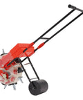 Walk Behind Garden Seeder With 10 Nozzles for Corn Soybeans Peanut Cotton 3-15mm Seeds, red frame, manual seed planter, side angle.