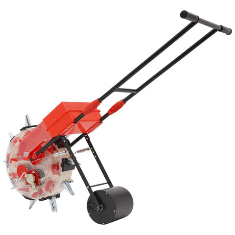 Red 10 Nozzles Hand Push Seeder Pro Grade For Precision Planting And Fertilizer Application Metal Walk Behind Garden Seeder Side View