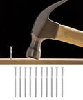 Stainless Steel Half Thread Wood Lag Screws Self Tapping For Carpentry Heavy Duty M6 X 100mm Bolts with hammer and wooden surface.