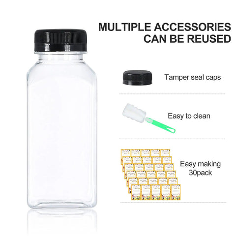Front view of 30 Pack 8oz Clear Plastic Bottles With Leak Proof Caps for beverages showing bottle, cap, brush, and box.