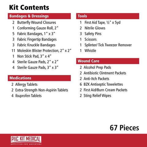 Pac-Kit Watertight Explorer 1 first aid kit contents (front view) showing 67 pieces, bandages, tools, medications.