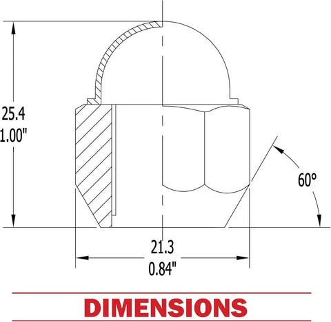 Technical diagram showing dimensions for OEM Style Lug Nuts 20 Pcs M12x1.25 12x1.25 Thread Chrome Finish.