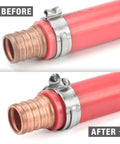 Before and after using Pinch Clamp Removal Tool For PEX Cinch Clamps on stainless steel clamps with red PEX pipe