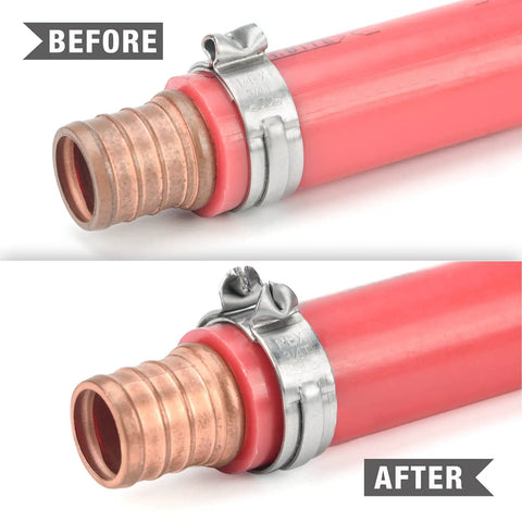 Before and after using Pinch Clamp Removal Tool For PEX Cinch Clamps on stainless steel clamps with red PEX pipe